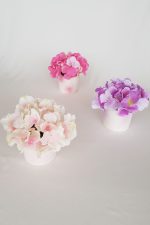 Beton Saksıda Yapay Ortanca Masa Çiçeği 3'lü Set Koyu Pembe-lila- Açık Pembe